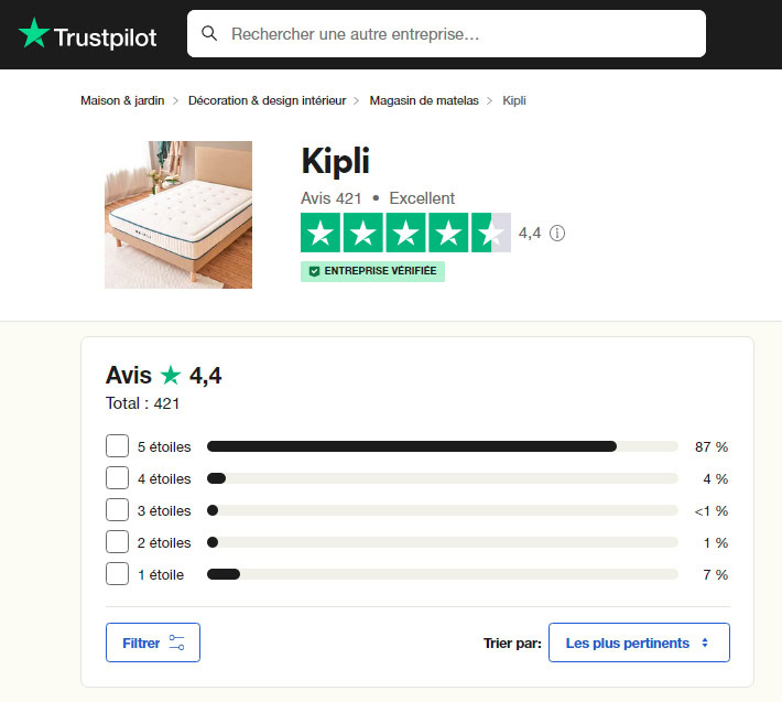 Capture écran des avis clients laissés sur la page trustpilot