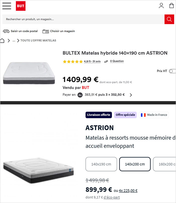 Ecart de prix entre but et boutique en ligne
