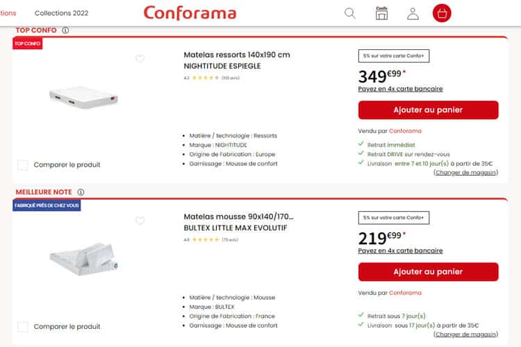 Boutique en ligne des matelas Conforama