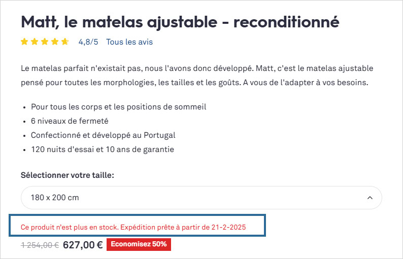 Matelas reconditionné Matt Sleeps pas disponible