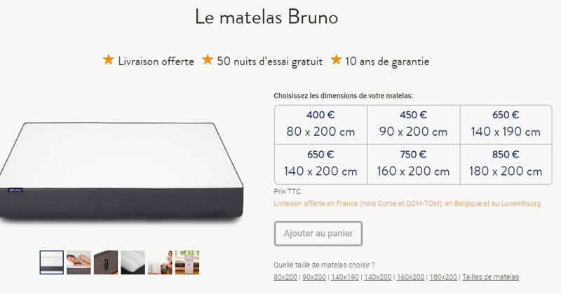 Tailles et prix matelas Bruno avis